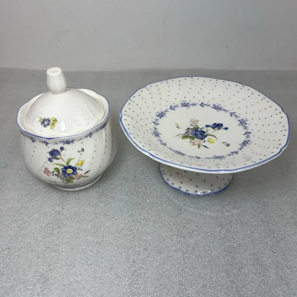 Vtg Nikko Blue Peony Sugar Bowl & Candy Compote Floral Dot Cottagecore Japan